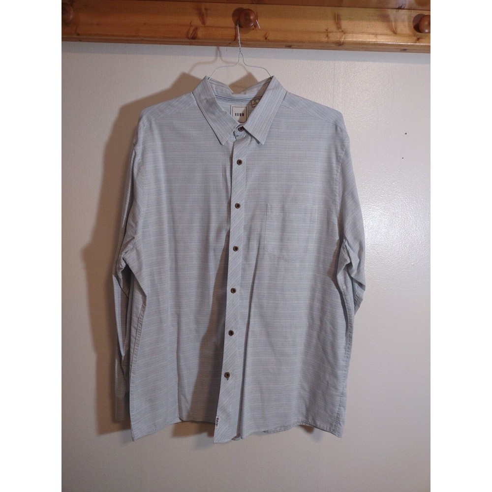 Rowm Men's XL White Gray Stripe Shirt Wood Button Button